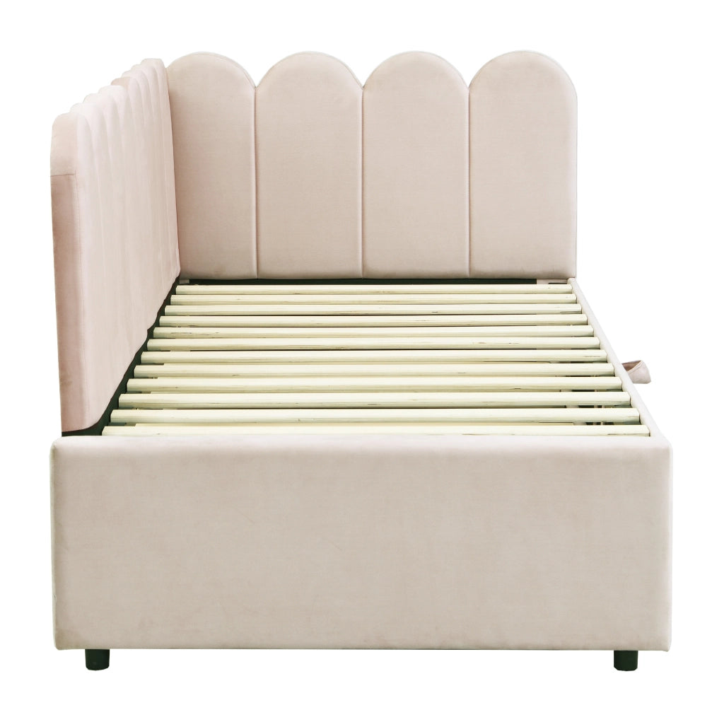 Divano letto L-shaped 90x200 cm in velluto con letto estraibile; beige