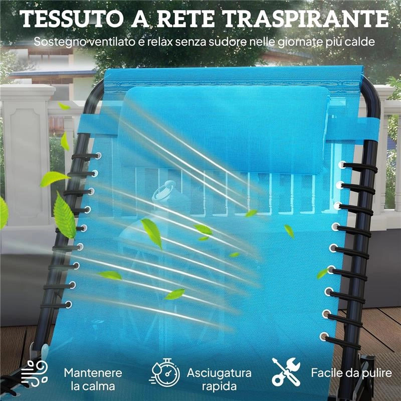 LETTINO PRENDISOLE PIEGHEVOLE CON SCHIENALE RECLINABILE IN ACCIAIO E TESSUTO A RETE, 189X58X30 CM, BLU