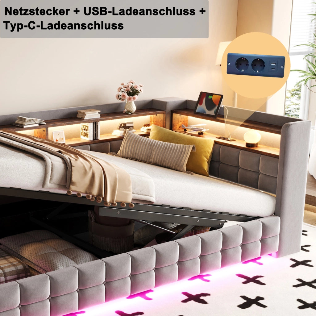 Letto contenitore singolo 90 × 200 cm con LED, prese USB e Type-C, ripiani in legno, senza materasso, grigio chiaro