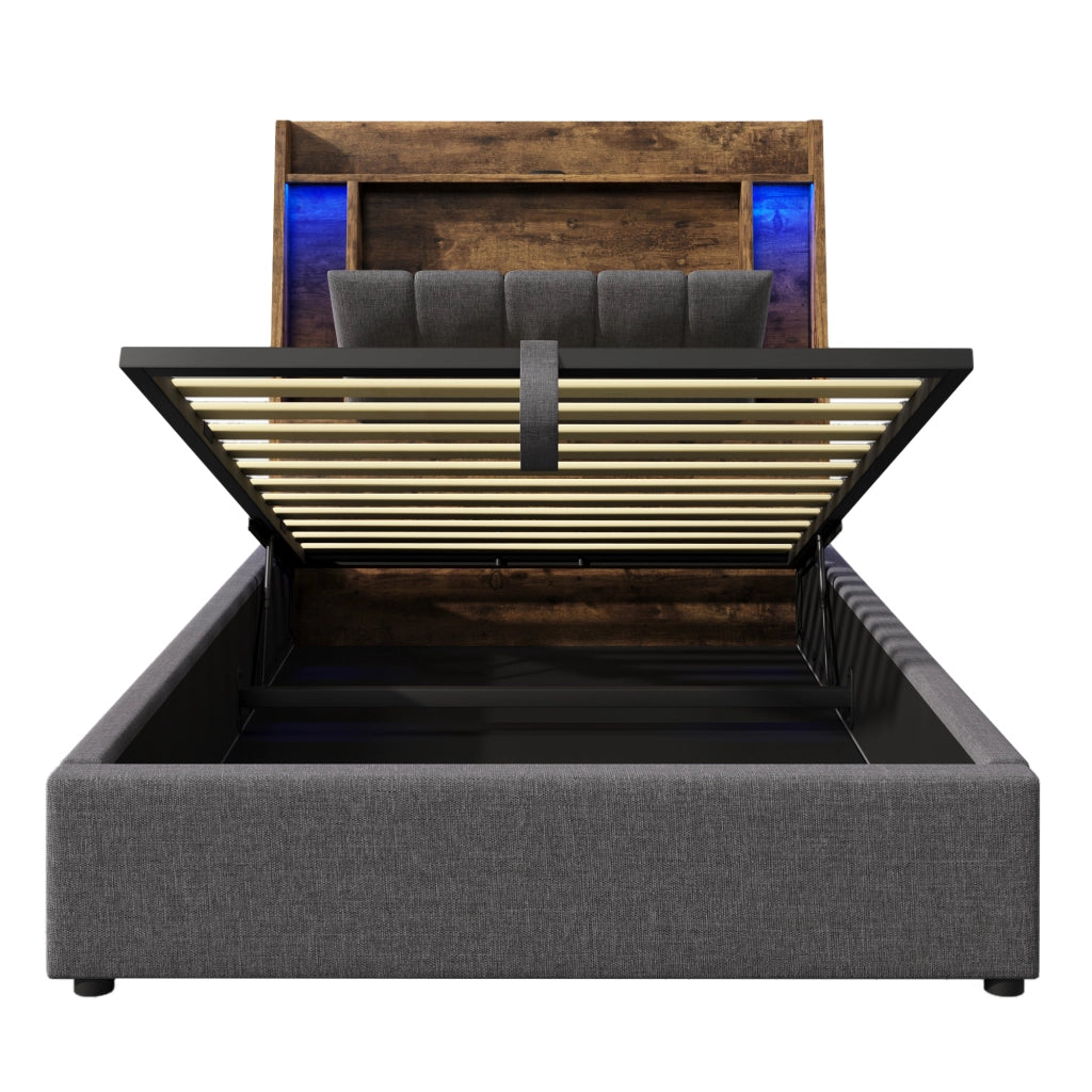 OKWISH Letto Singolo 90×200 cm con Contenitore, USB, Tipo C, LED Regolabile e Vani in Testiera, senza Materasso, Lino Grigio