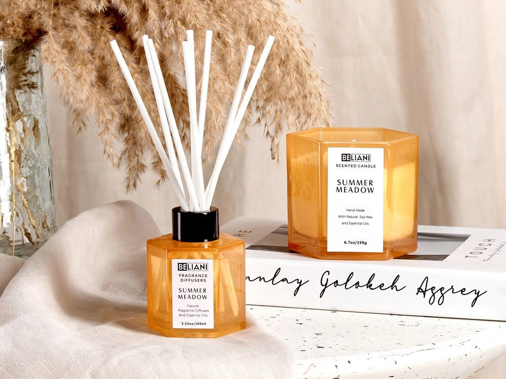 Set candela profumata in cera di soia 100% e diffusore con bastoncini, stoppino di cotone, vetro profumo fresco prato estivo