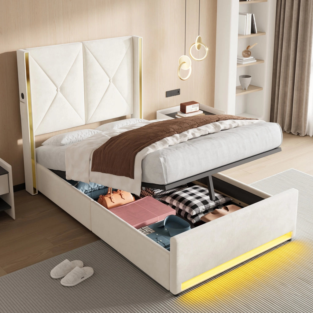 Letto singolo in velluto beige con LED, USB-C e contenitore 90x200