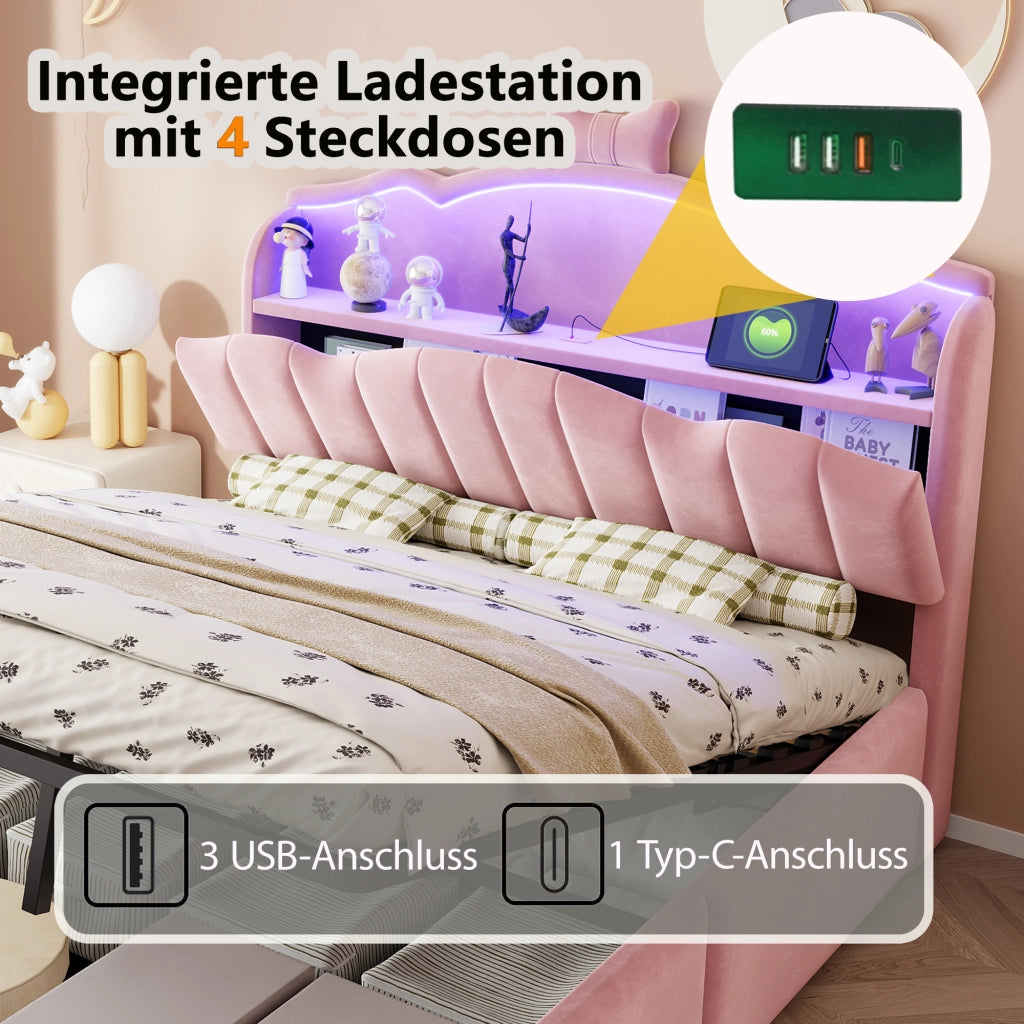 DESMIU Litto bambini 140 × 200 cm con contenitore idraulico, USB, Type-C, LED, senza materasso, rosa