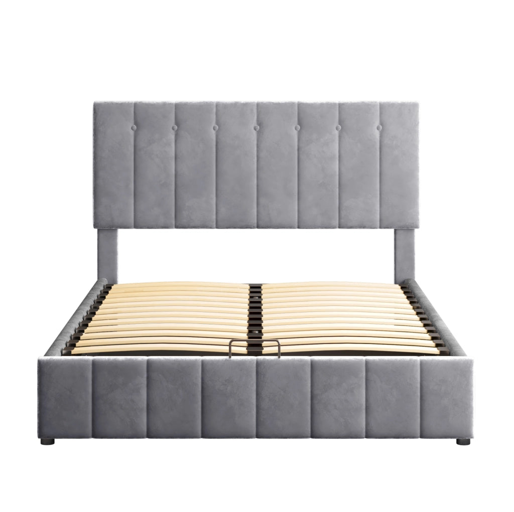 Letto matrimoniale imbottito 140x200 cm con contenitore; meccanismo idraulico e velluto grigio