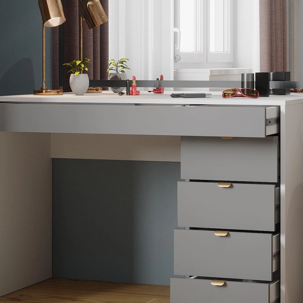 Tavolo da toeletta Elise, Bianco/grigio/grigio, 115 cm con specchio a LED, con illuminazione LED e grande specchio per applicazioni di trucco