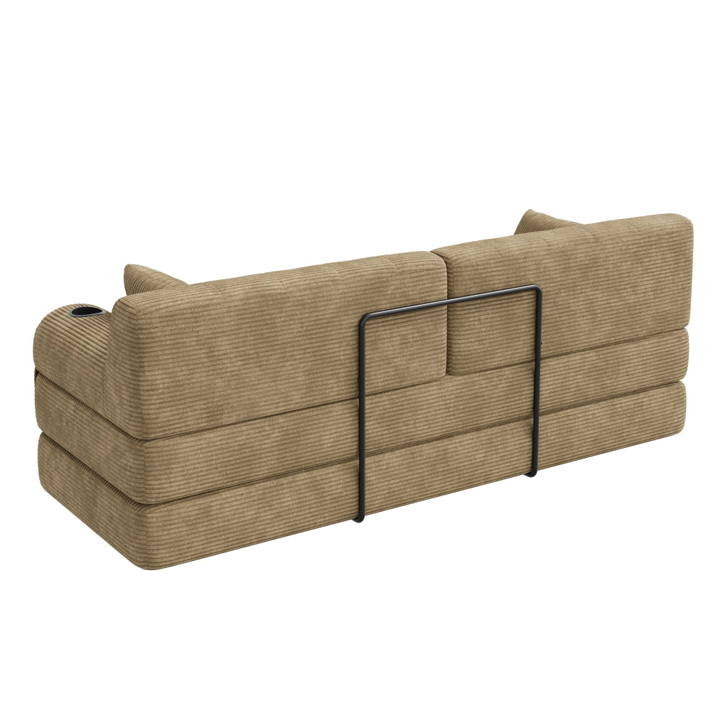 Divano letto compatto con schienale alto e 4 tasche laterali, portabicchieri, in tessuto corda cachi 208 × 80 × 81 cm