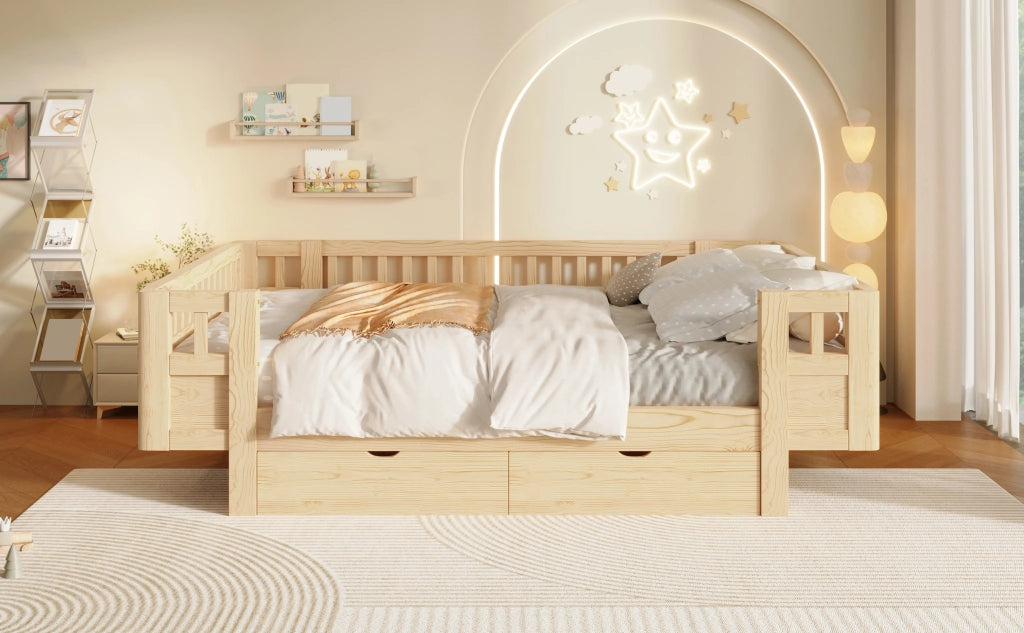 Letto per bambini in legno massiccio con sponde protettive e due cassetti, finitura legno 140 × 200 cm