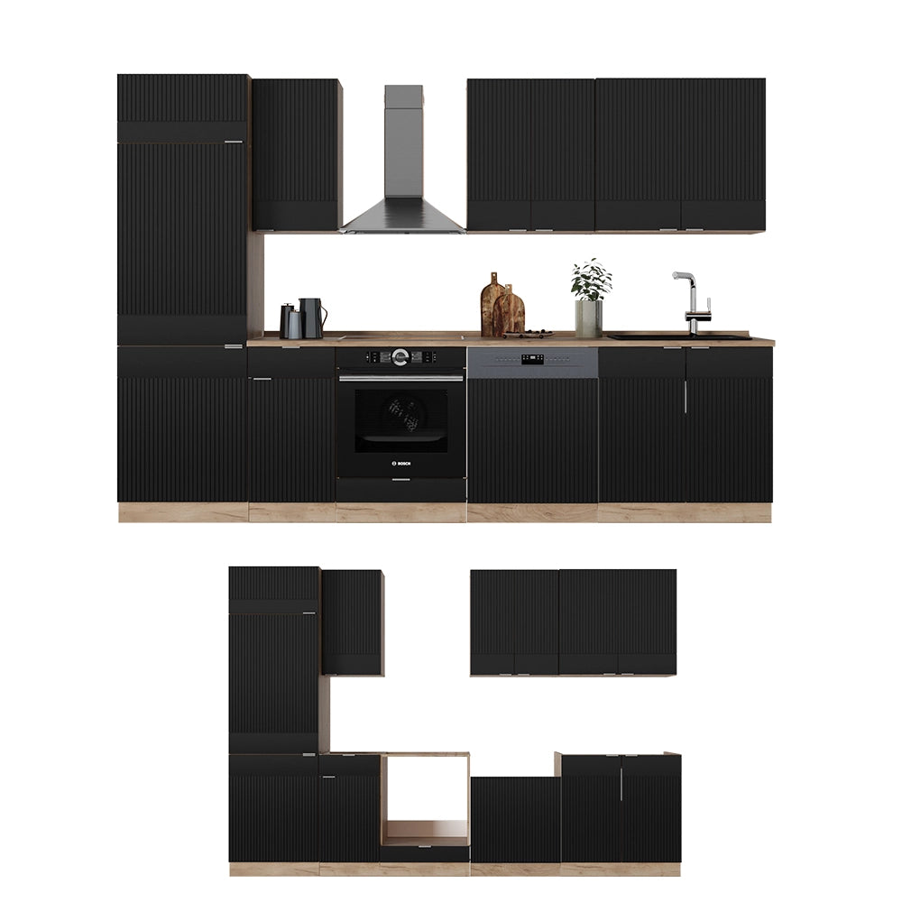 Cucina componibile Fame-Line Nero rigato/Rovere dorato 300 cm, PL Marmo Vicco