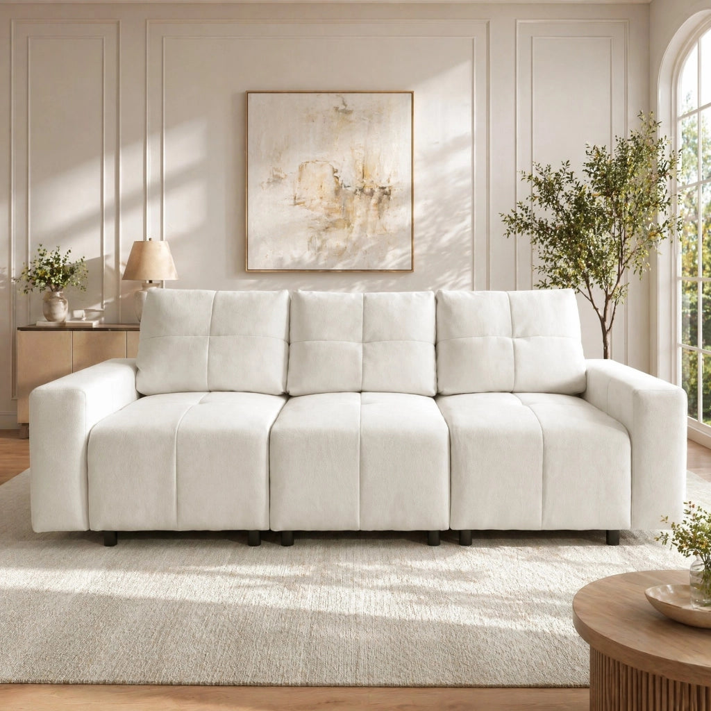 Divano modulare a 3 posti 213 cm con schienale regolabile e funzione letto, tessuto Chenille, beige bianco