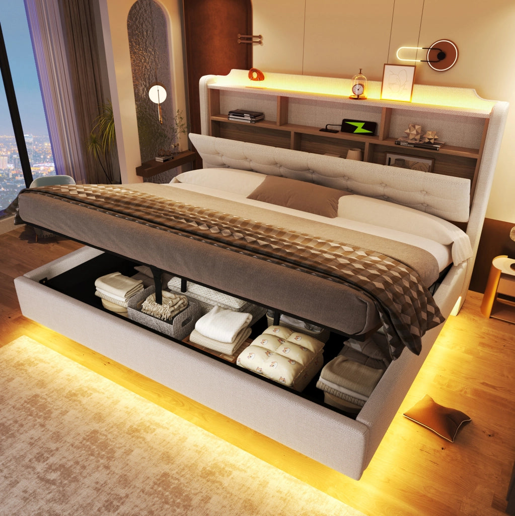 Letto imbottito 180x200 cm con illuminazione LED; spazio contenitore idraulico; in lino e MDF; beige