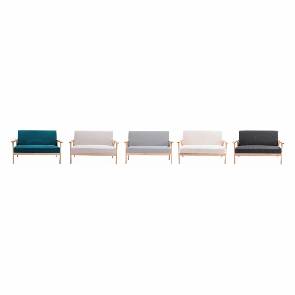 Divano stile scandinavo in legno e tessuto, 2 posti, grigio chiaro