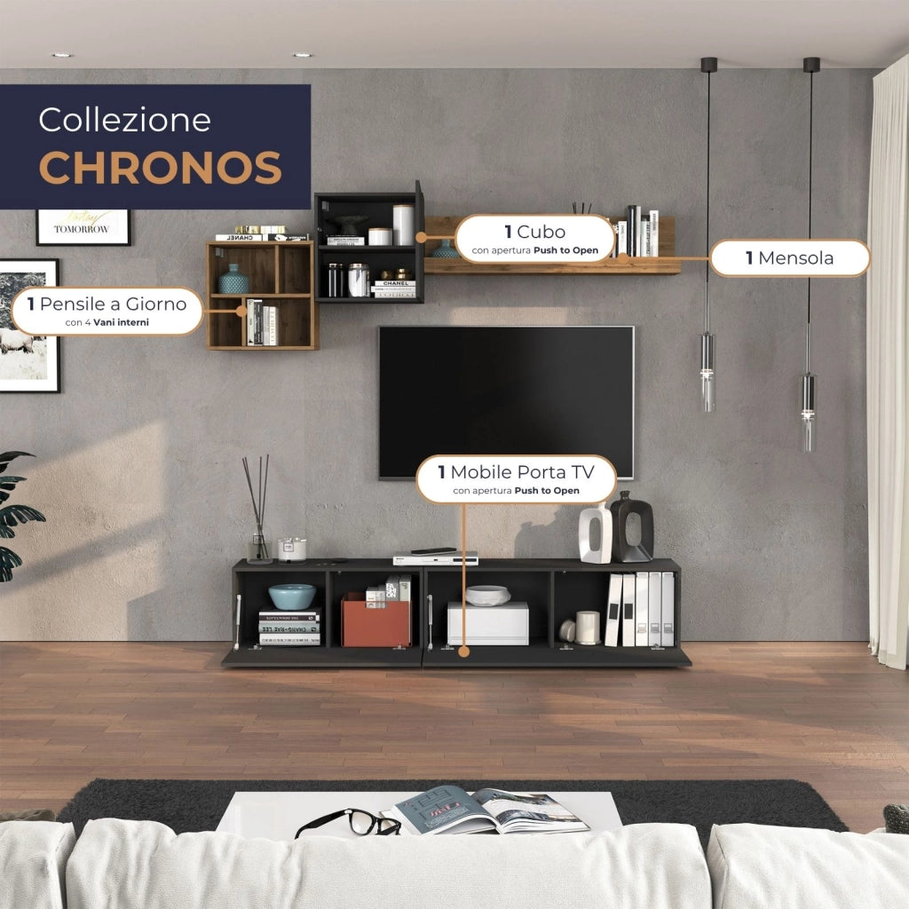 WHOUS Parete attrezzata Chronos set soggiorno Antracite Opaco e Rovere 180/260x40 cm