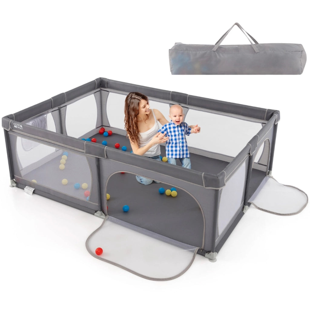 Recinto bambini con rete traspirante tasca portaoggetti apertura a cerniera, Box giochi per neonati Grigio scuro-Cancelletti di sicurezza