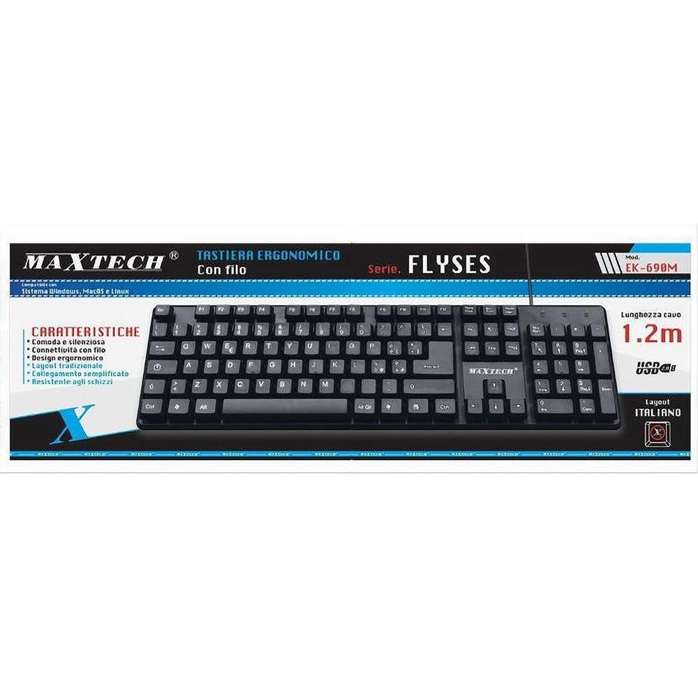 Trade Shop - Tastiera Con Filo Pc Computer Usb Silenzioso Design Ergomonico Maxtech Ek-690m -