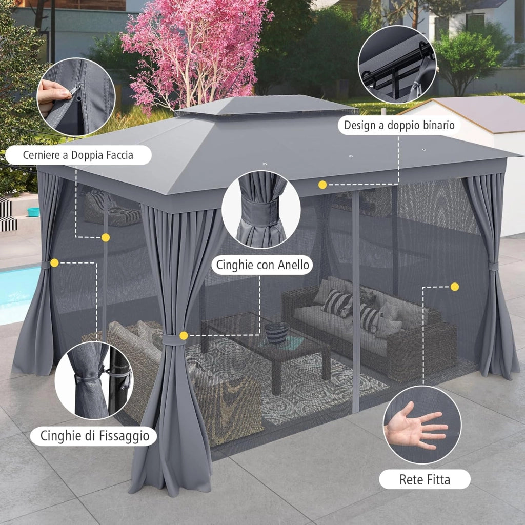 Gazebo da Giardino 397 x 296 cm, Gazebo da Esterno con Zanzariere, Tende, Struttura in Metallo Resistente, con Tetto Impermeabile a Due Strati, per Patio, Giardino e Cortile