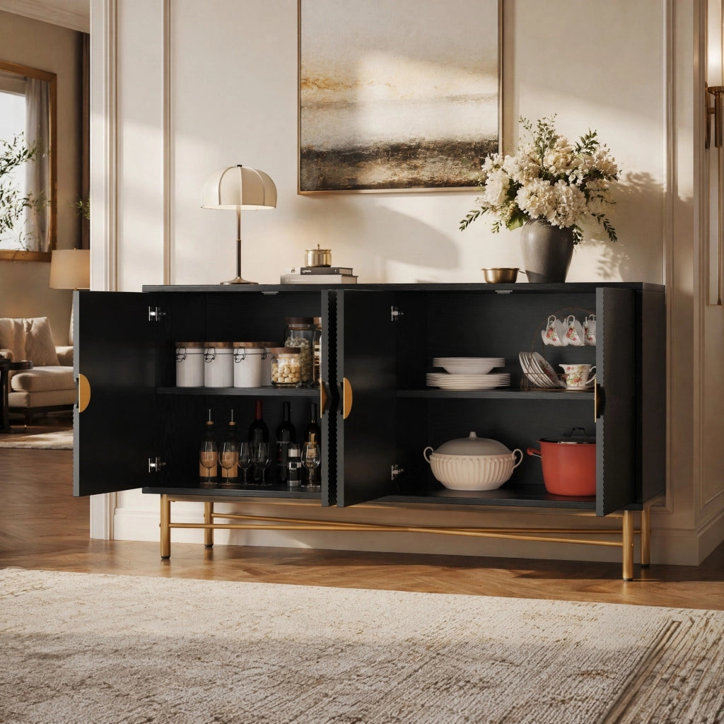 Credenza nera 160 cm con 4 ante a rilievo, maniglie dorate e chiusura ammortizzata