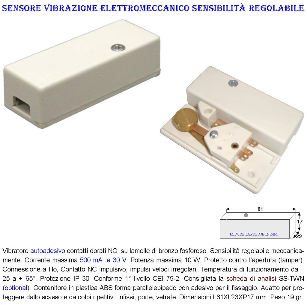 Rilevatore di Scasso Sensore di Vibrazioni Continue 10 Pezzi Per Antifurto Via Filo Per Inferriate Porte Infissi Martelletto Regolabile Contatto Allarme NC Tamper Contenitore Adesivo ABS Bianco IP30