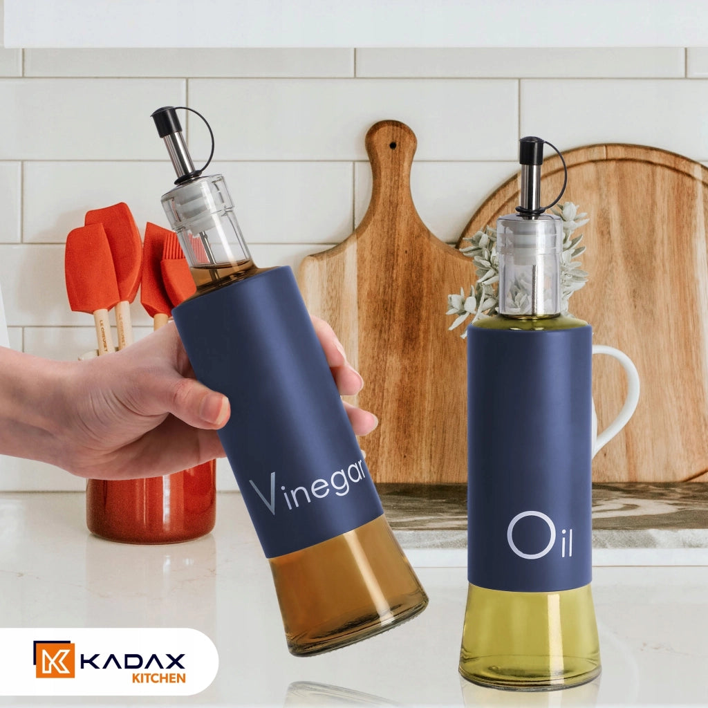 Bottiglia in vetro Kadax per aceto e olio d'oliva da 320 ml con dosatore, blu navy.
