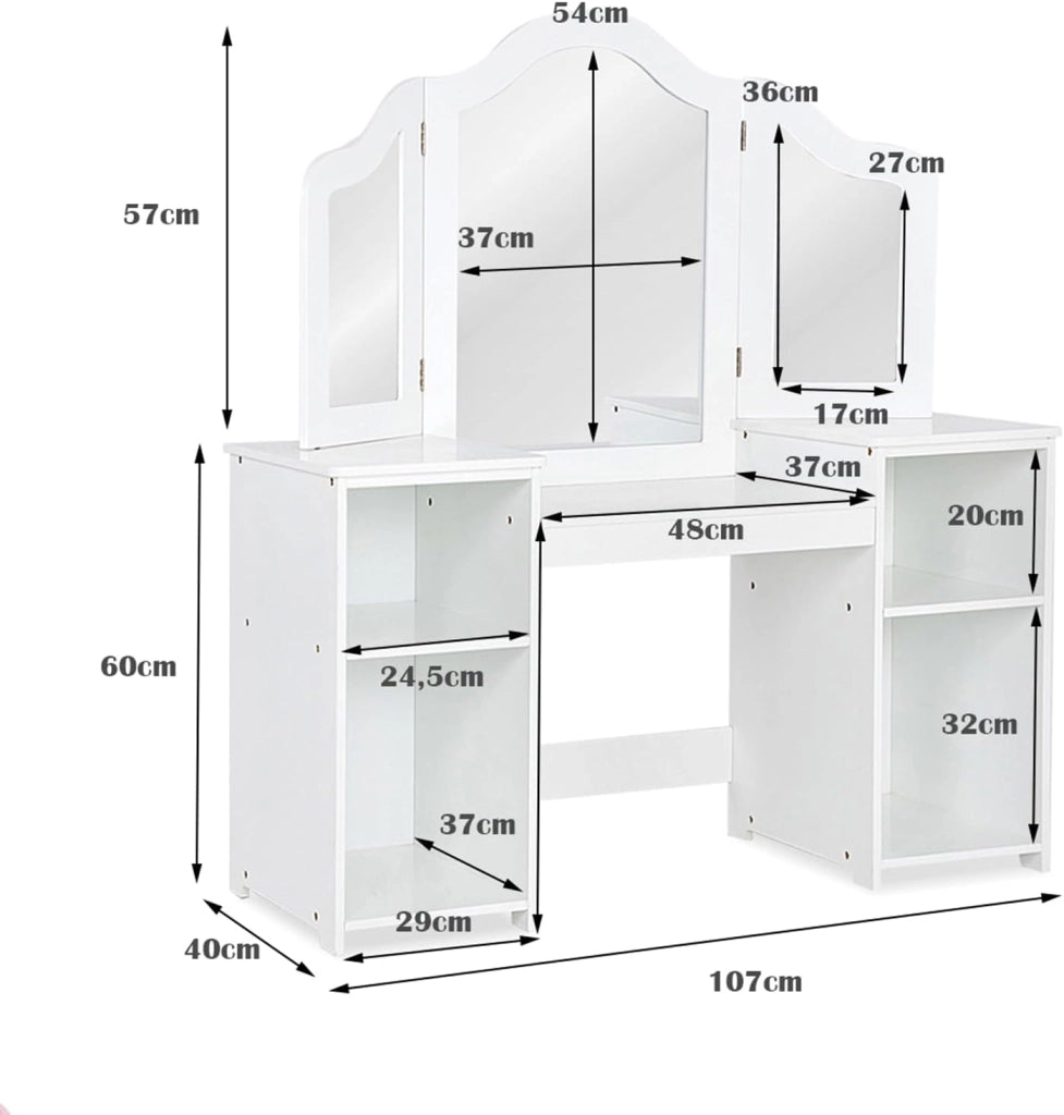 Toeletta per bambini in Legno, Design Smontabile 2 in 1, Mobile da Trucco Stile Principessa con 4 Mensole e Specchio, Mobile per Il Trucco per Bambini (Bianco)
