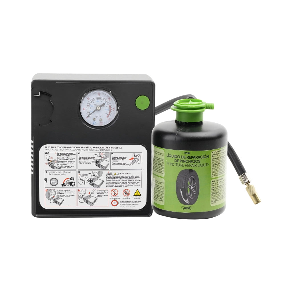 Kit riparazione pneumatici tubeless con compressore 12V e liquido sigillante, ripara forature fino a 6 mm e consente percorrenza fino a 100 km