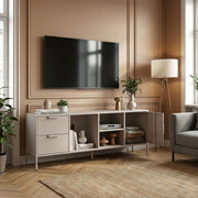 Mobile TV Kliri con 2 Cassetti Scomparti e Anta 150 x 35 x 58 cm in Acciaio - Color Cammello [en.casa]