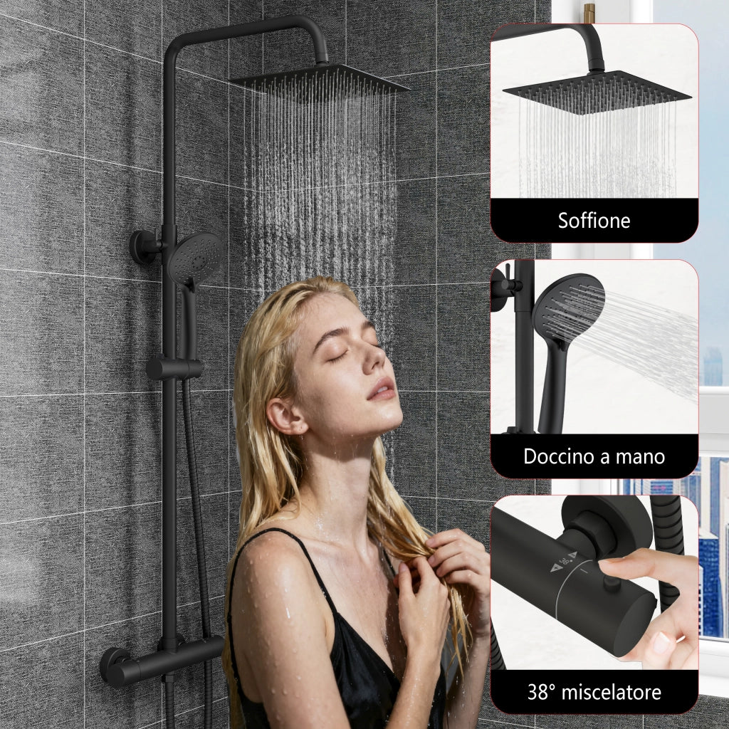 Colonne doccia nero, soffione doccia quadrato 20x20cm acciaio inox, miscelatore termostatico doccia tondo antiscottature