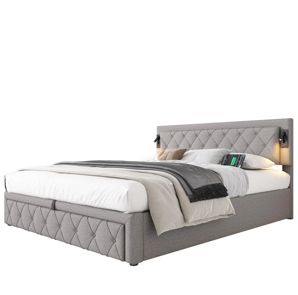 Letto matrimoniale imbottito 180x200 cm con luci da lettura e porte USB; contenitore; grigio in lino