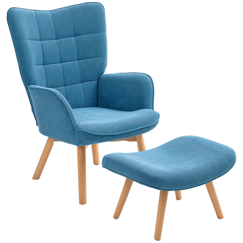 Poltrona Relax con Poggiapiedi in Cord ¨C Zephmum ¨C Blu, Gambe in Legno