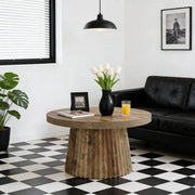 Tavolino basso rotondo con base a colonna scanalata in MDF marrone, piano da 80 cm, per soggiorno