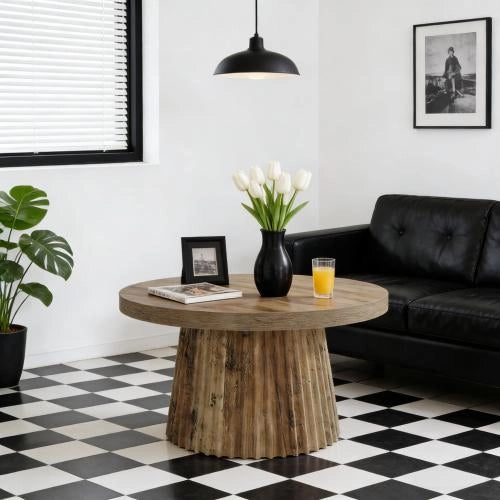 Tavolino basso rotondo con base a colonna scanalata in MDF marrone, piano da 80 cm, per soggiorno