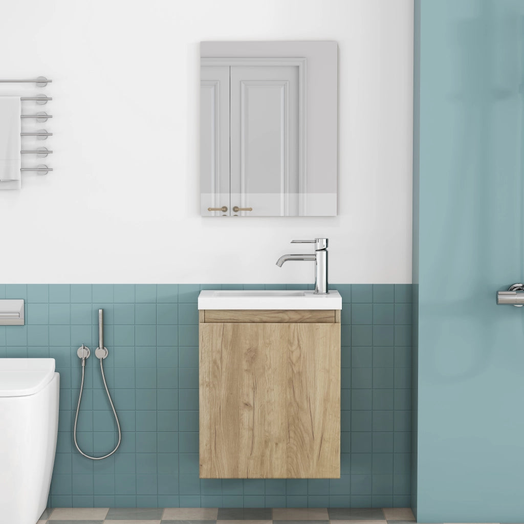 Mobile bagno sospeso con lavabo in ceramica e specchio; chiusura ammortizzata; per bagno; rovere; 45×34×58 cm