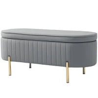 Panca Contenitore Ovale da 72L con Coperchio Sollevabile, in Tessuto Vellutato e Legno, 108x44x43.5 cm, Grigio