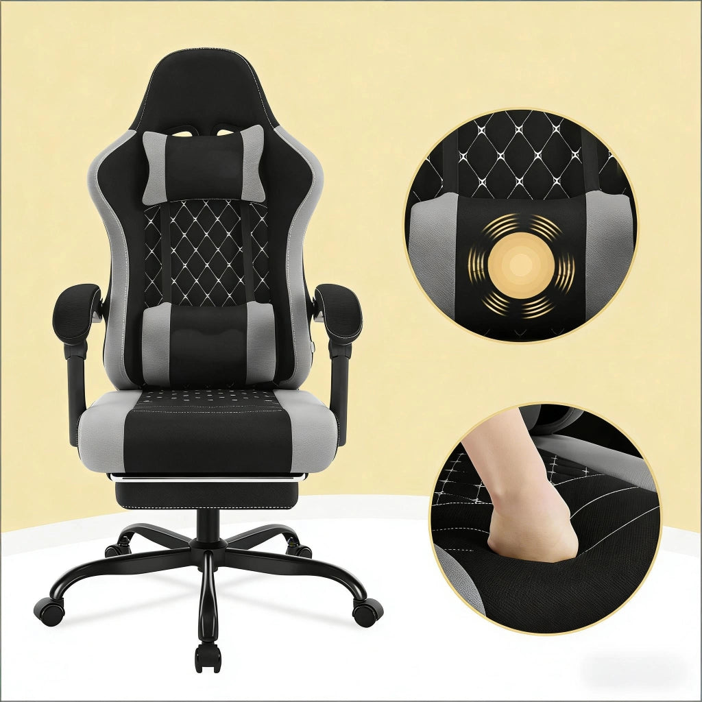 Sedia da ufficio girevole ergonomica con funzione massaggio, schienale alto, poggiapiedi, nero/grigio