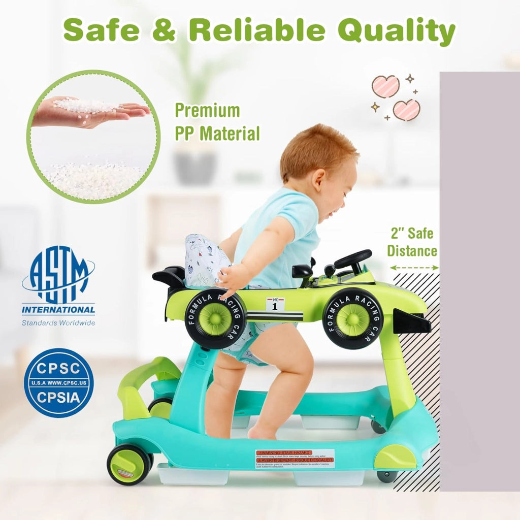 Girello per Bambini 6-18 Mesi, Baby Walker 4 in 1 con Musica e Luci, Primi Passi Piegevole e Portatile, Altezza e Velocità Regolabili, Carrello da Spinta, Forma di Macchinina (Blu + Verde)