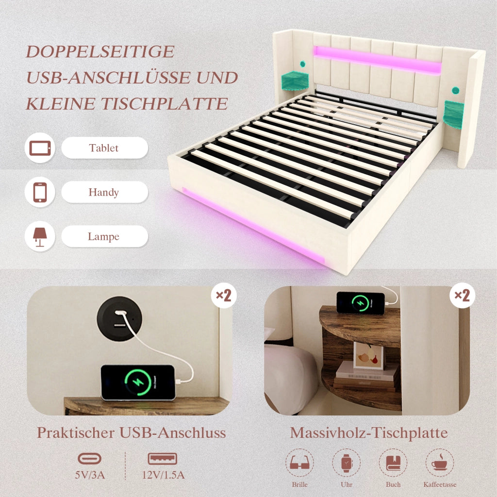 LETTO Contenitore 180x200 cm in velluto beige con LED, USB e cassetti laterali
