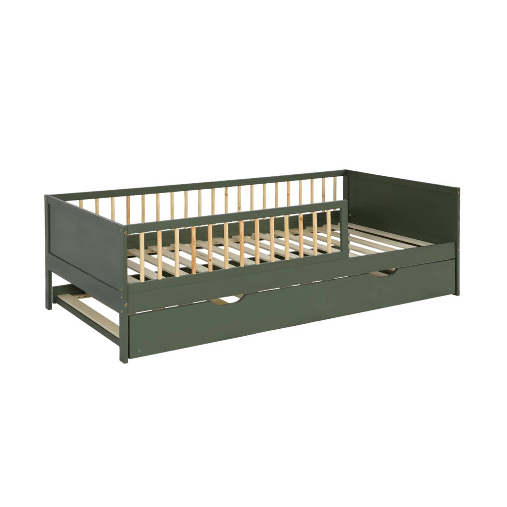 Letto a nido per bambini in pino naturale con rete a doghe e cassetto,