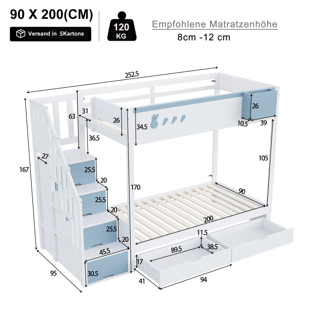 Letto a Castello 90x200 cm; Letto con Cassetti e Ripiano Removibile; Bianco e Blu