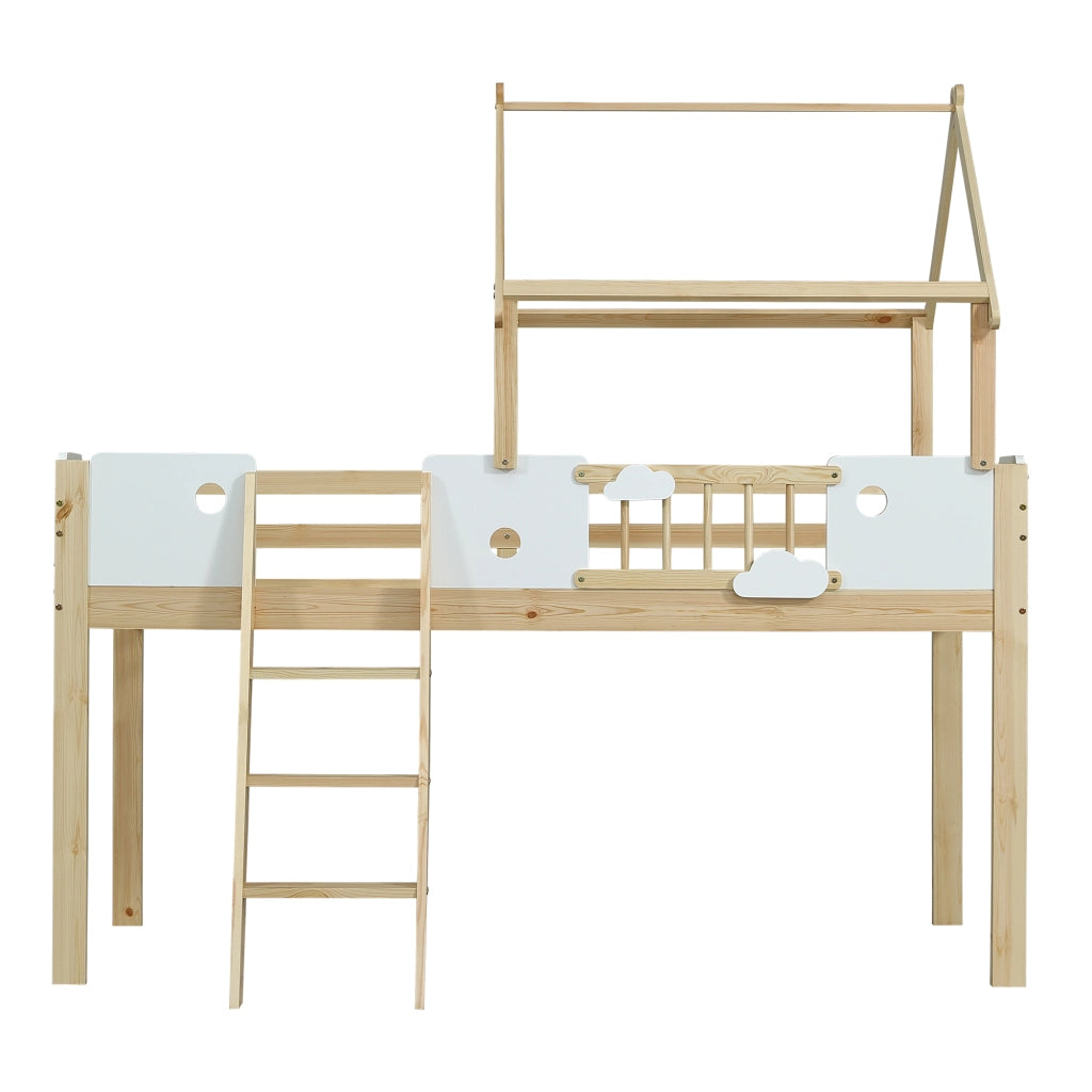 Letto a Soppalco per Bambini con Rete di Protezione ¨C MINIMAL ¨C Pino e Multistrato, Bianco, 90x200