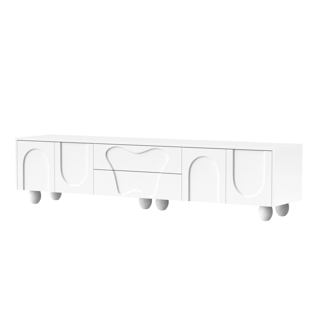 Mobile TV bianco 180 cm con gambe in legno massello, design moderno con ampio spazio contenitivo