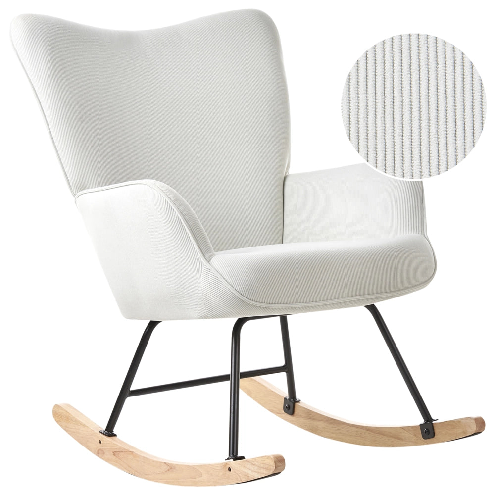 Poltrona a dondolo Bianco sporco Jumbo Corda Tappezzeria Metallo Gambe nere Confortevole Ampio schienale e braccioli Soggiorno Camera da letto