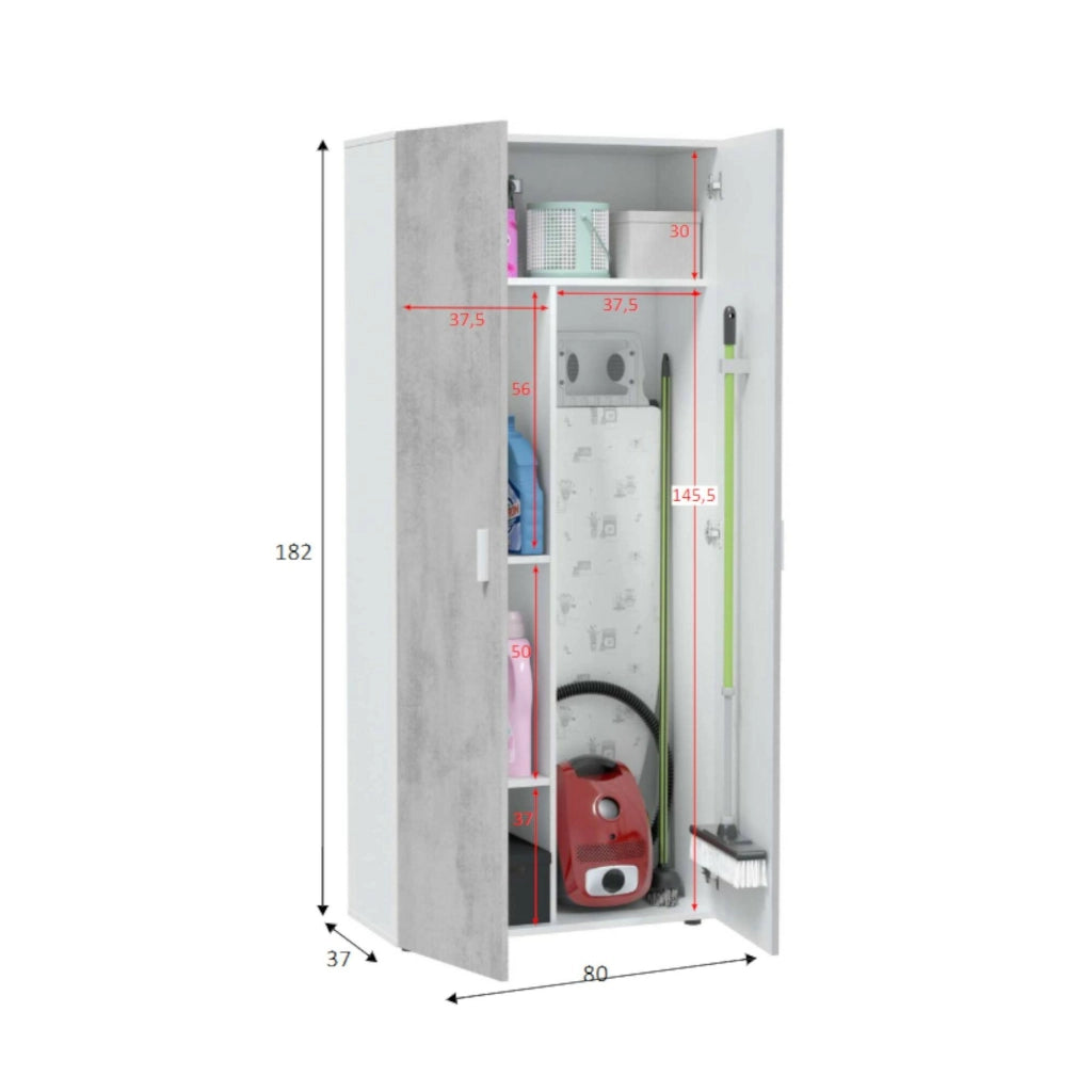 Armadio multiuso Ashkita, Mobile ausiliario a 2 ante, Guardaroba portascope a 2 ante e 3 ripiani, cm 80x37h182, Cemento e Bianco