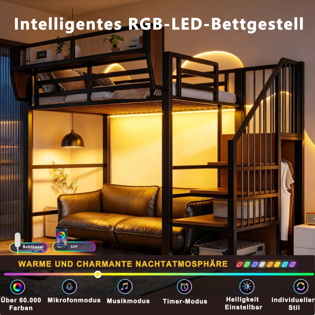 DESMIU Letto a soppalco 90 × 200 cm 1 posto con LED, scala di sicurezza e ripiano, senza materasso, nero