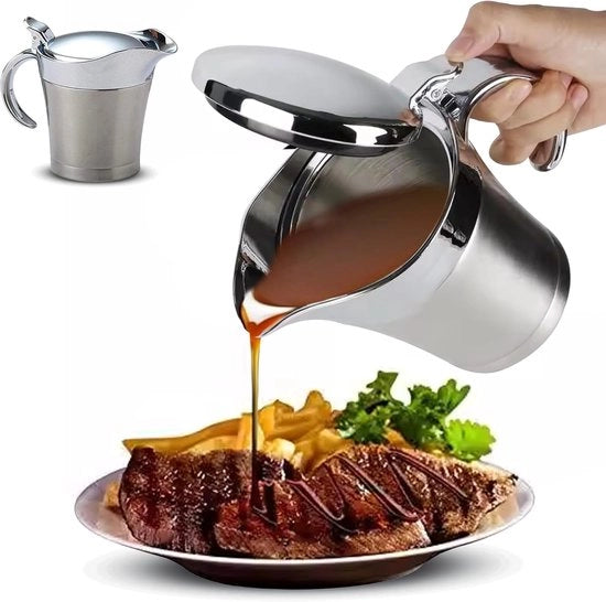Vaso per salse doppio strato isolato 450 ml con coperchio - Vaso per salse con piccola cucchiaia per salse doppio strato isolato - Adatto per salse calde e fredde - Vaso elegante per steaks e cene di festa