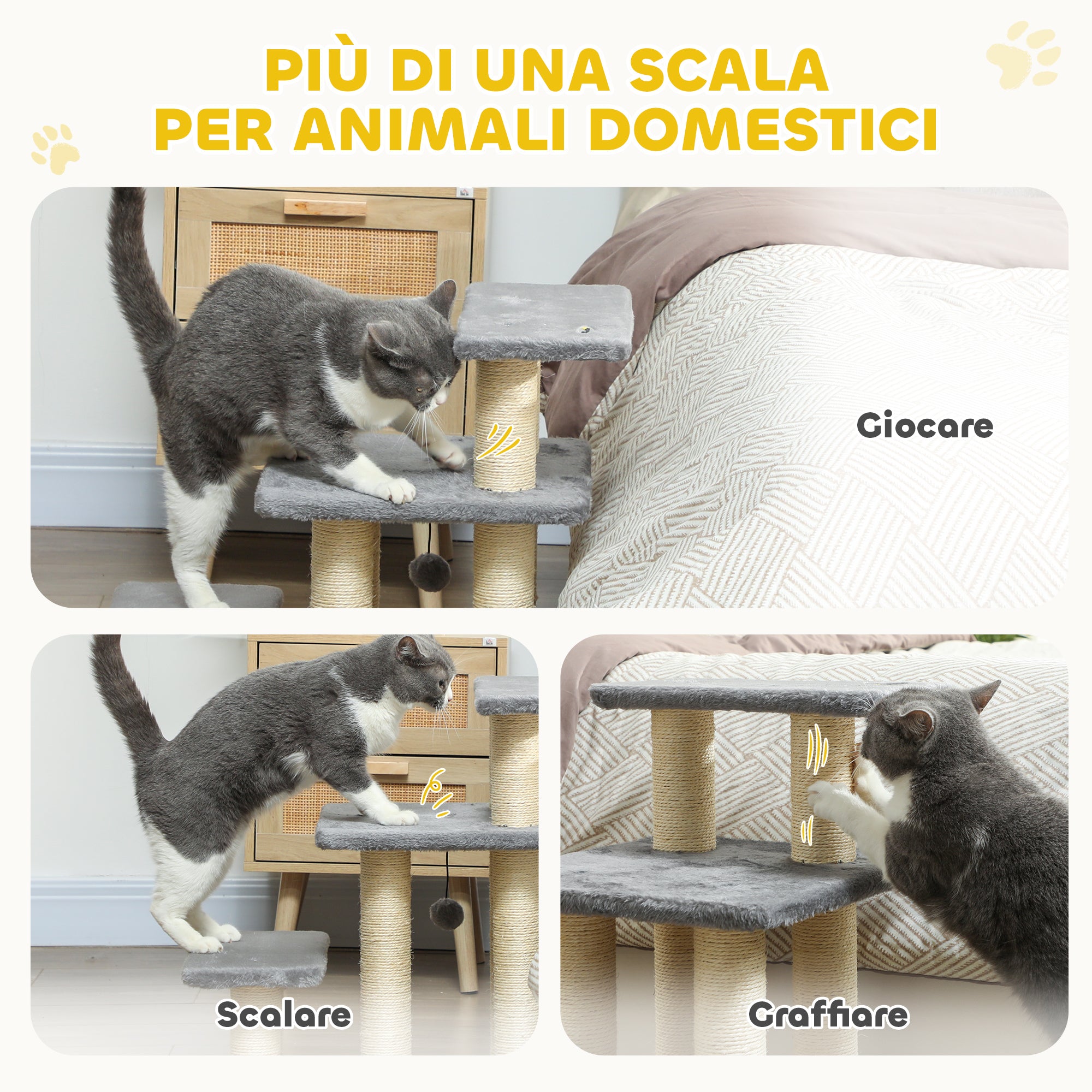 Scaletta per Cani e Gatti 3 Gradini in Peluche con Tiragraffi Sisal Grigio