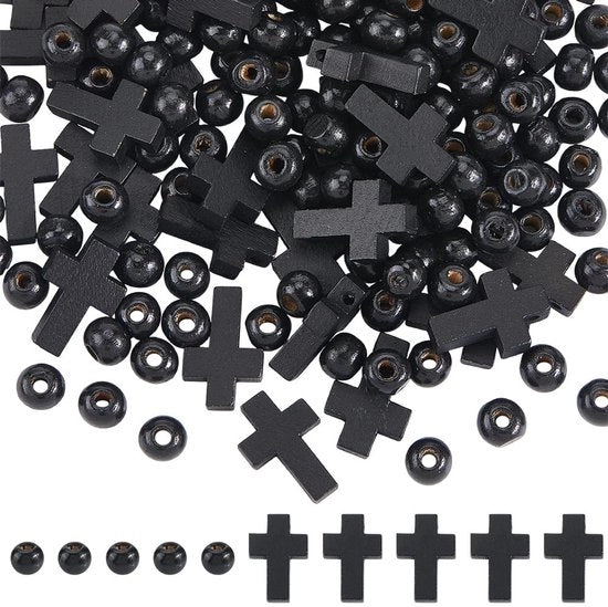 Collezione solida - 1 confezione di 200 piccoli grani in legno a croce, rosario, kit di ricamo, 8 mm, nero, piccoli attacchi a croce, grani per gioielli di fai da te, rosari, bracciali, collane