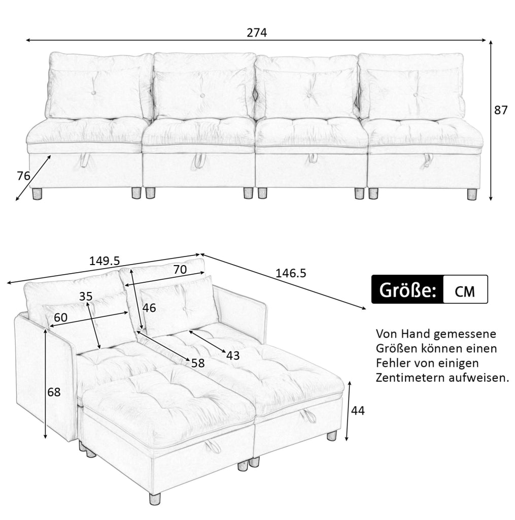 Divano modulare 4 posti con contenitore e funzione letto; 274x76x87 cm; chenille grigio antico
