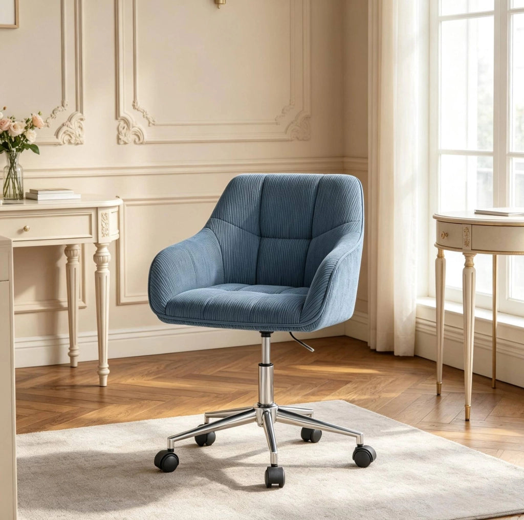 Sedia girevole da ufficio blu in velluto a coste