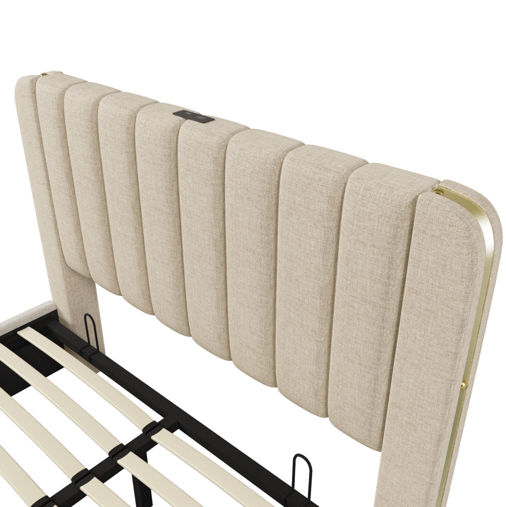 Letto matrimoniale imbottito 160x200 cm in lino beige con contenitore; USB e Type-C
