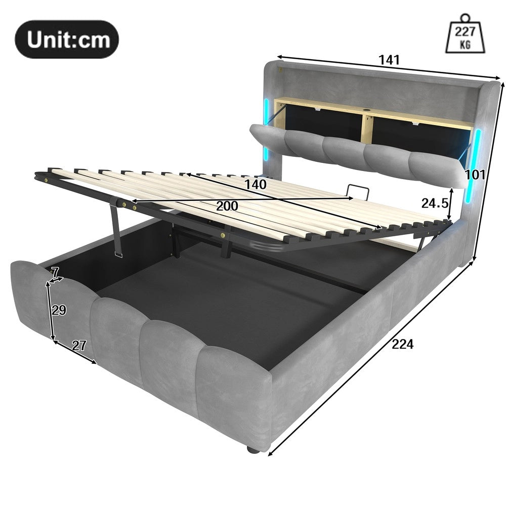 Letto Imbottito Contenitore con LED ¨C MINIMAL ¨C Velluto Grigio, Idraulico, 140x200