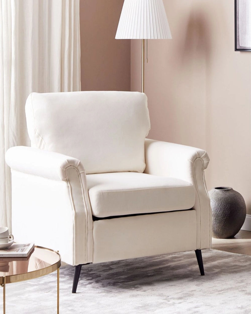 Poltrona Rivestimento in tessuto bianco Gambe in metallo nero Braccioli arrotolati Sfoderabili Stile retrò Soggiorno